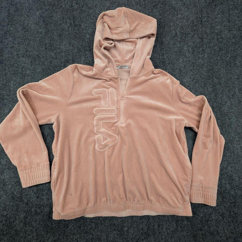 Fila Hoodie Women's XXL Pink Velour Quarter Zip Plush Logo Pullover Sweatshirt